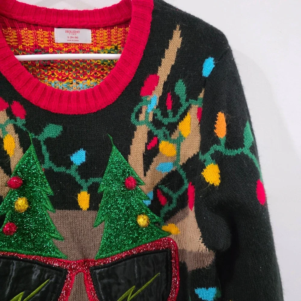 Holiday Time Mens Ugly Christmas Sweater Size Small Black Reindeer Jingle Bells